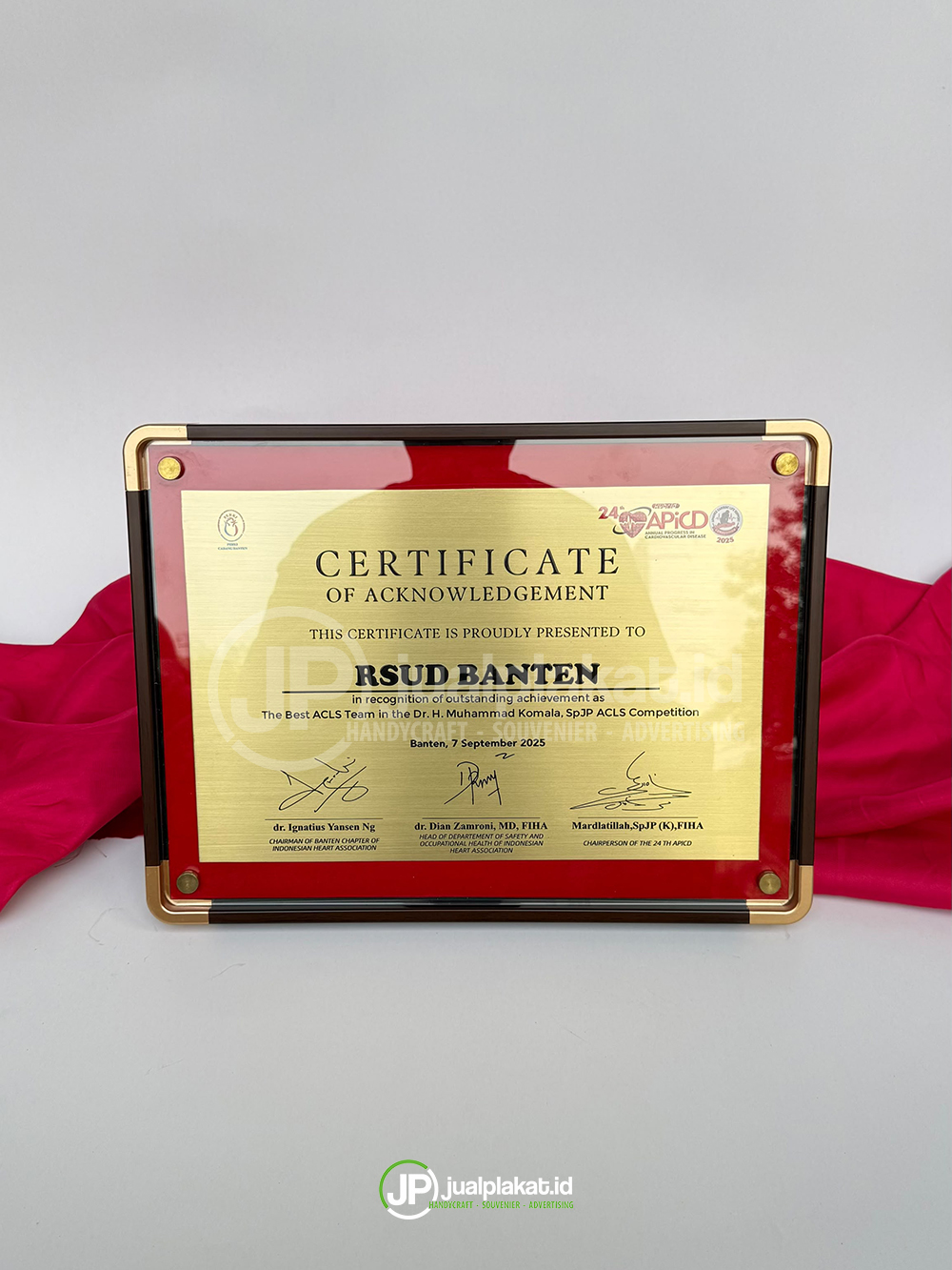 Plakat Sertifikat RSUD BANTEN Premium Kayu & Plat Kuningan Custom - Award Eksklusif